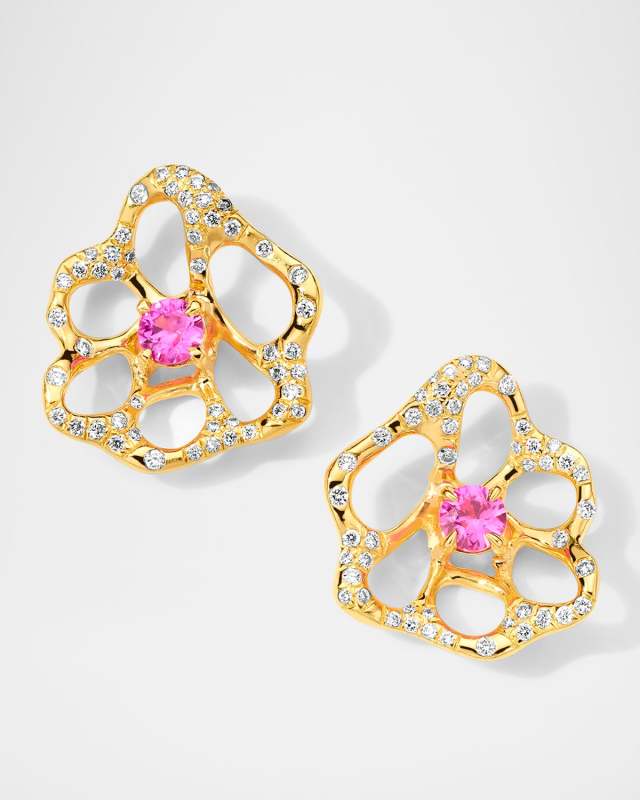 18K Stardust Drizzle Flora Small Diamond Stud Earrings with Pink Sapphires